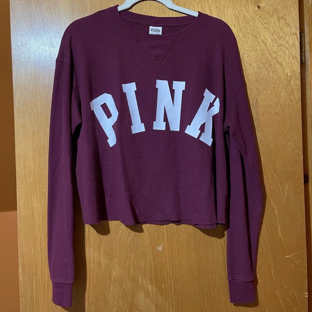 Pink Waffle Knit Cropped Long Sleeve T-shirt